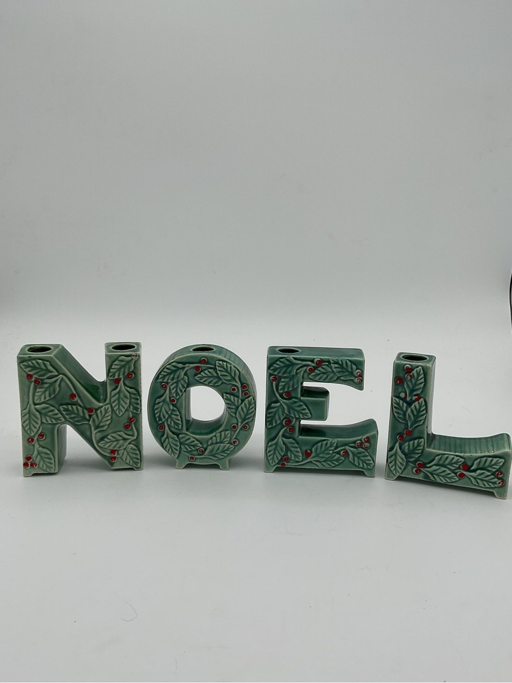 Vintage Thames Green Ceramic NOEL Letter Candle Holders with Holly Motif-Flaw
